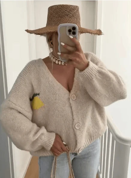 Knit sweater with lemon print for women