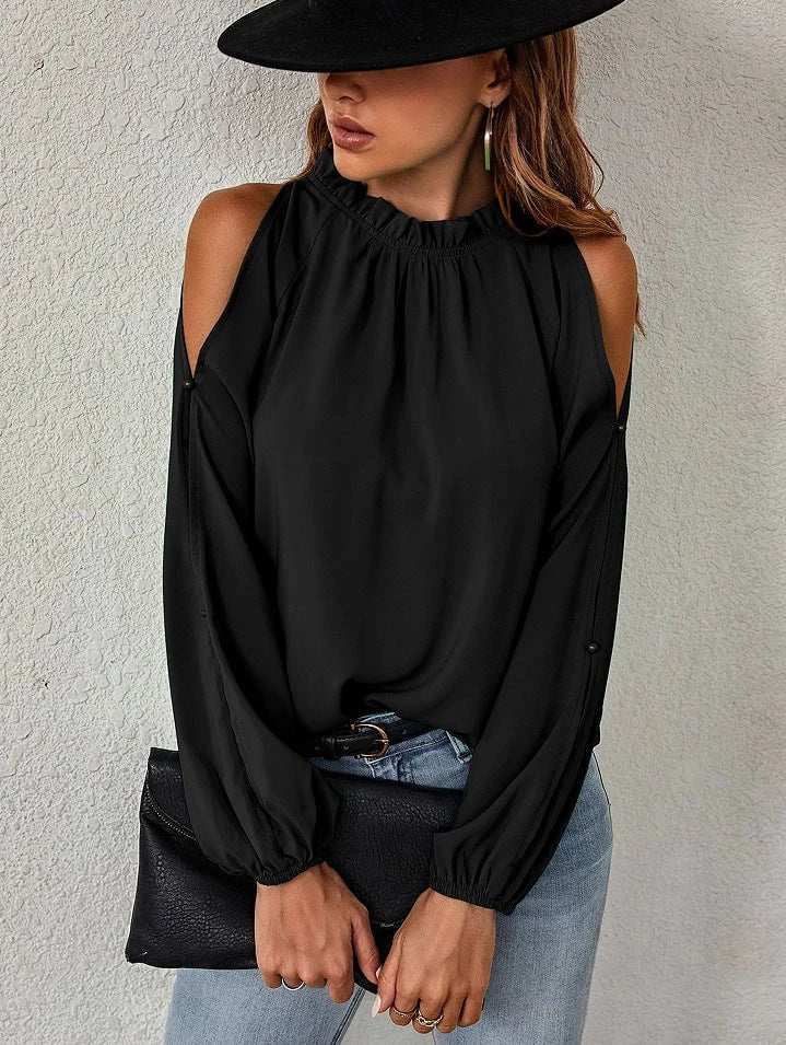 Ladies stylish top with off-the-shoulder inserts and elegant ruffle details