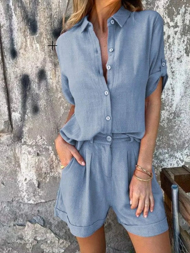 Women's casual jumpsuit with buttoned top and practical waist drawstring