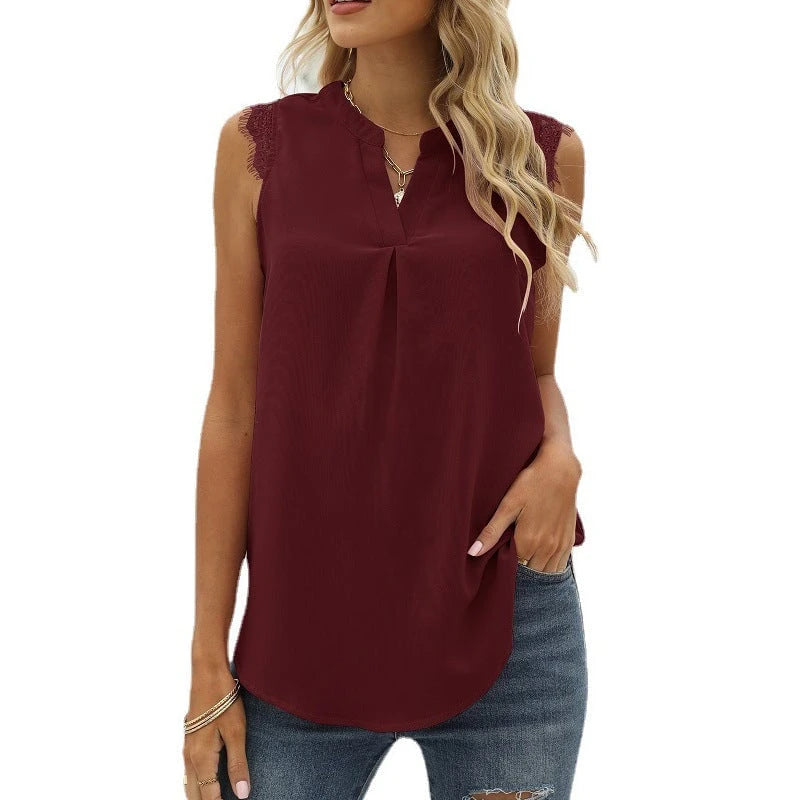 Women's sleeveless blouse shirt with elegant lace insert and fashionable pleats