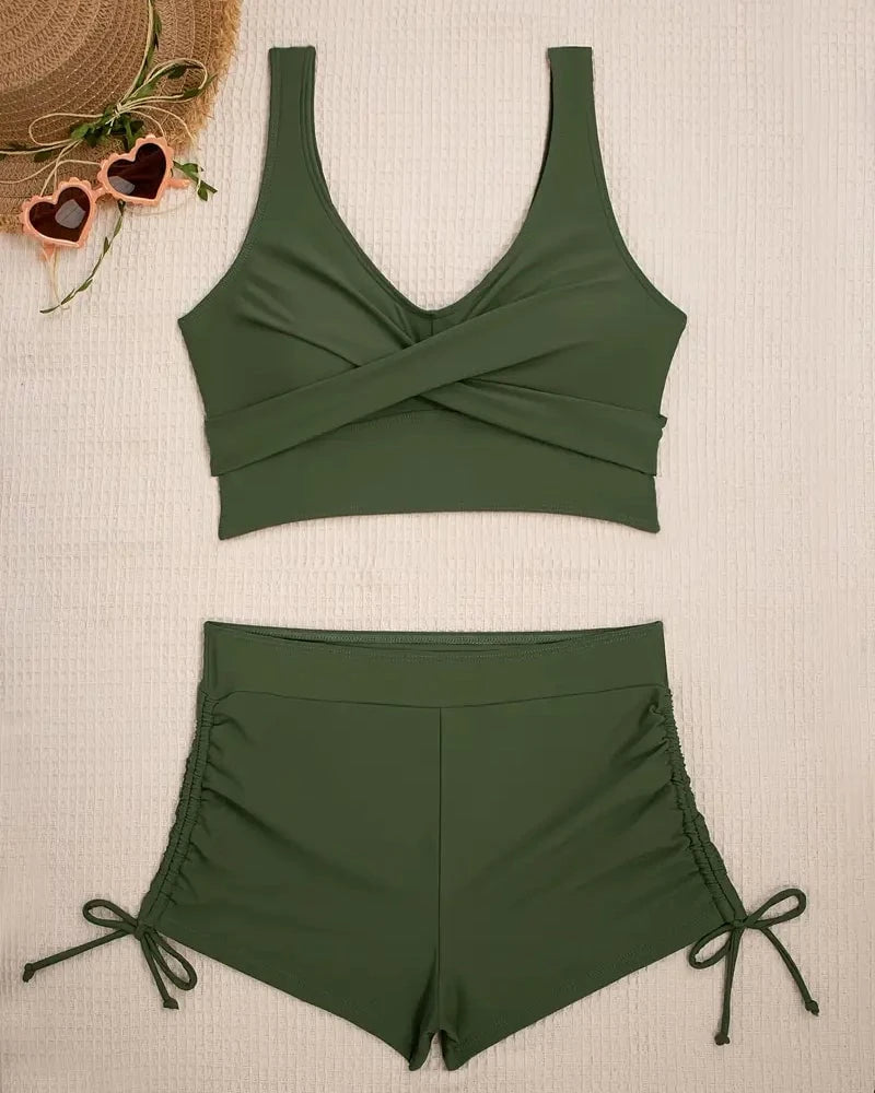 Bikini Set Two Pieces Solid Color Boxer Shorts Lacing