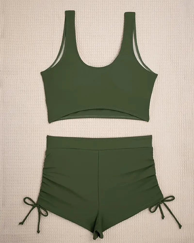 Bikini Set Two Pieces Solid Color Boxer Shorts Lacing