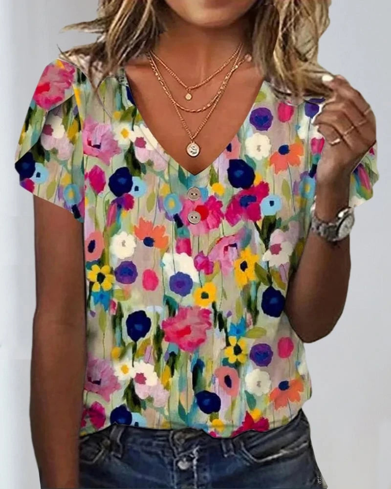 Short-sleeved Colorful Flower Blouse with V-Neck