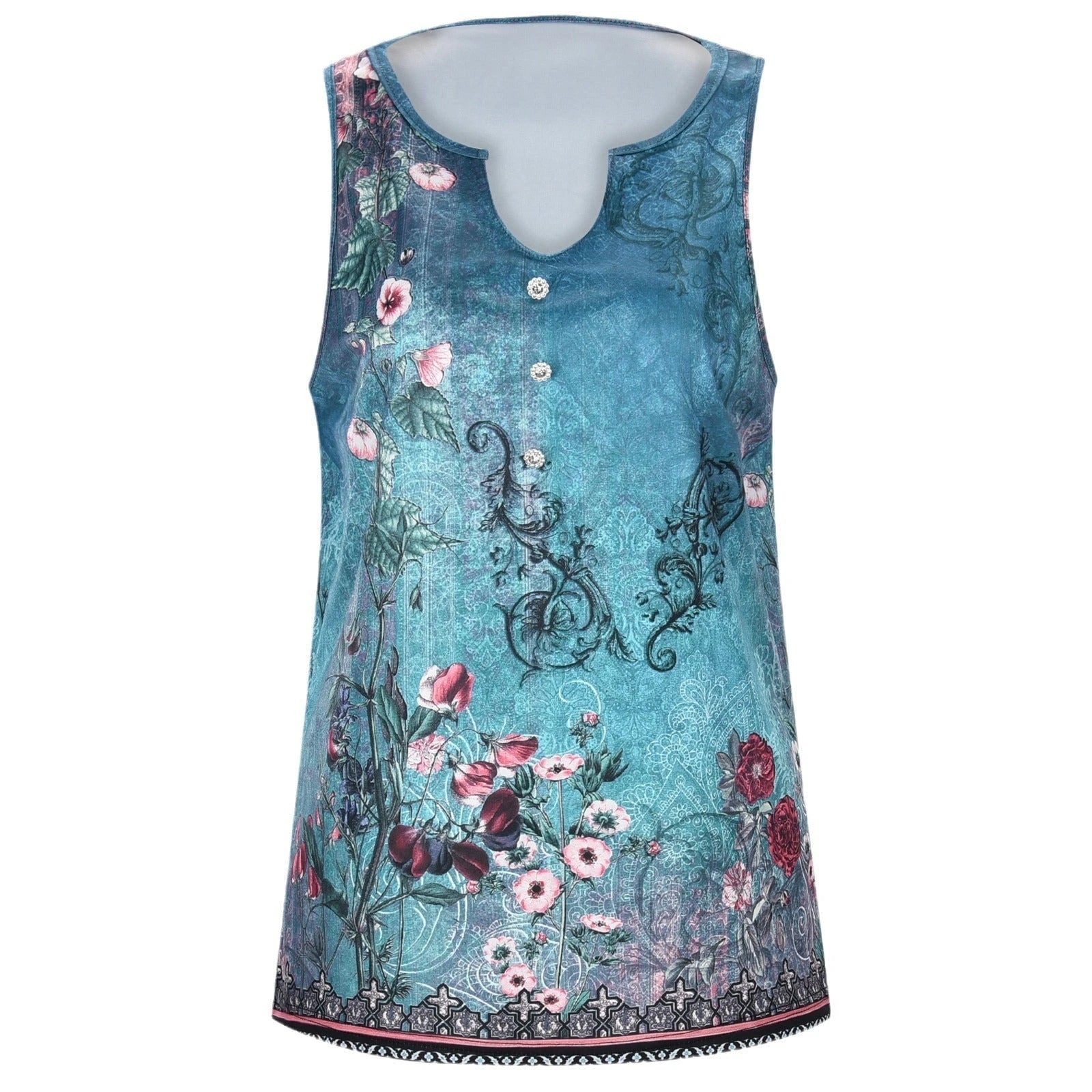 Women's sleeveless top with elegant floral design and unique V-neck