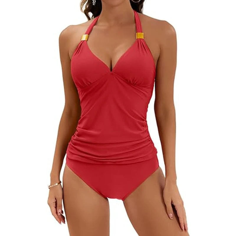 Women's tankini with gathered top and high waistband