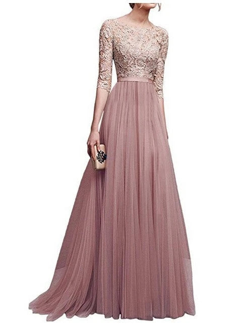 Women's evening dress with lace top and flowing skirt