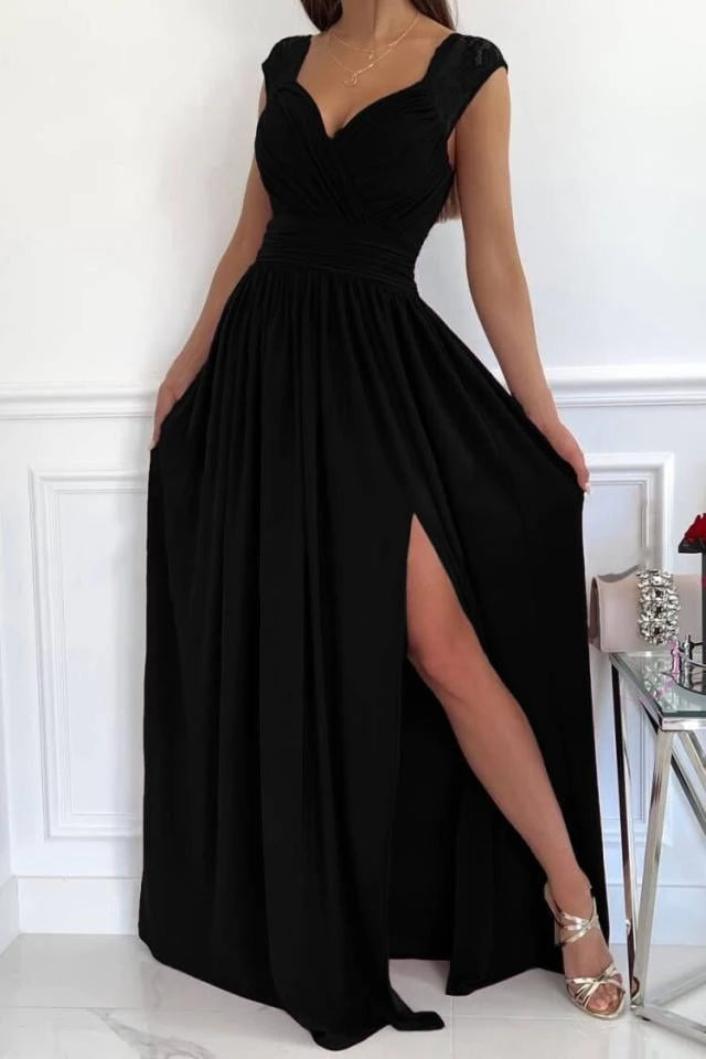 Women's evening dress with elegant V-neck and ruffle details