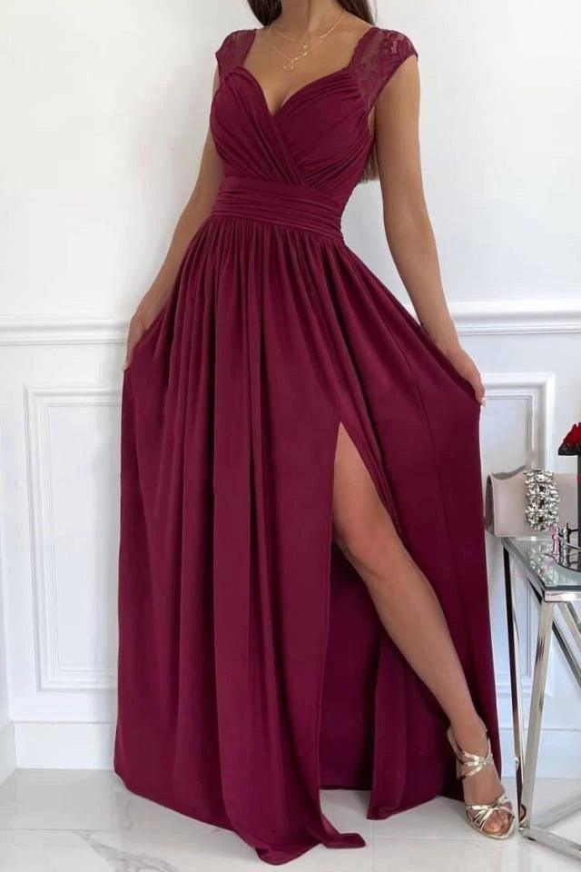 Women's evening dress with elegant V-neck and ruffle details