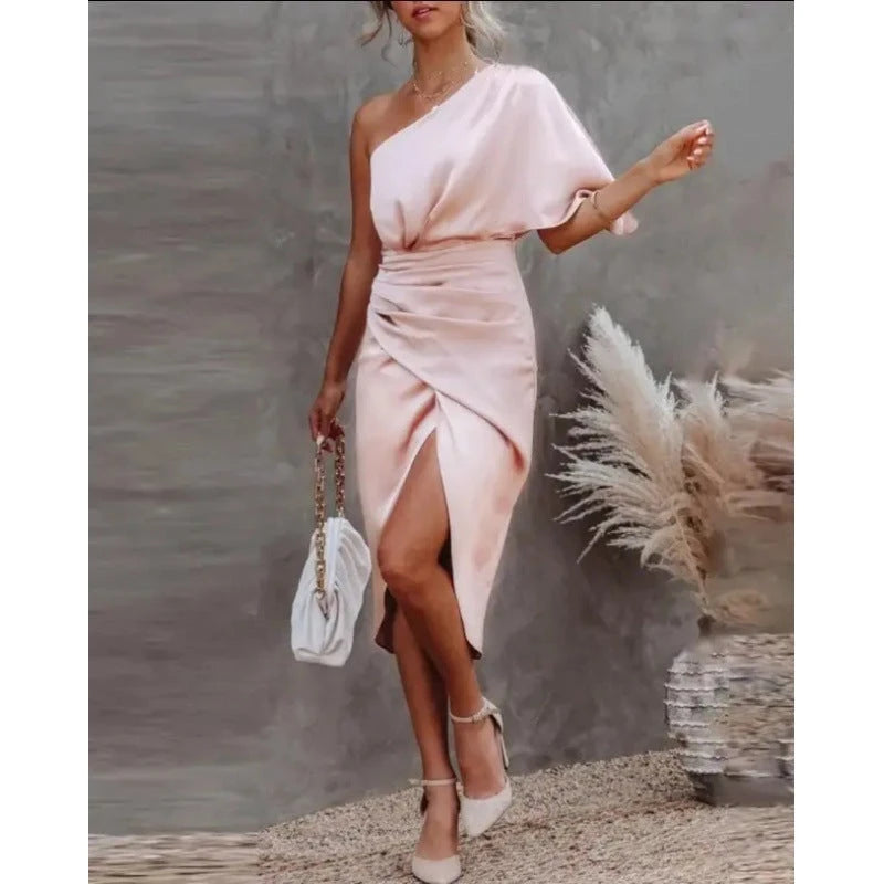 Ladies chic asymmetric evening gown with elegant slit and sophisticated draping