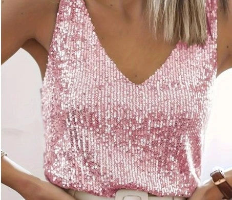 Women Glitter Sequin V-Neck Top Sleeveless Shirt Top For Women