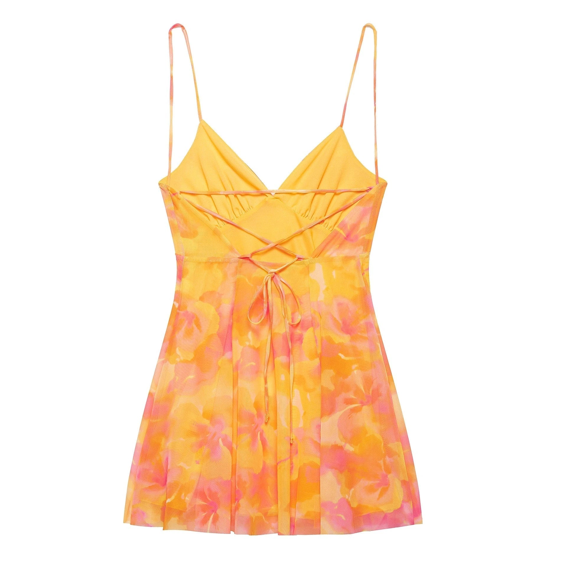 Ladies mini dress with floral pattern and fine spaghetti straps