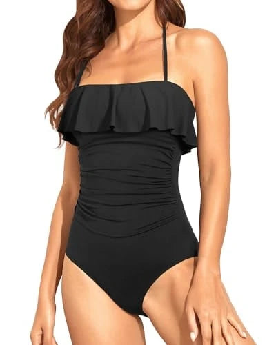 Strapless One-Piece Bikini For Women Tummy Control Bandeau Swimsuits Ruffle Slimming Swimwear