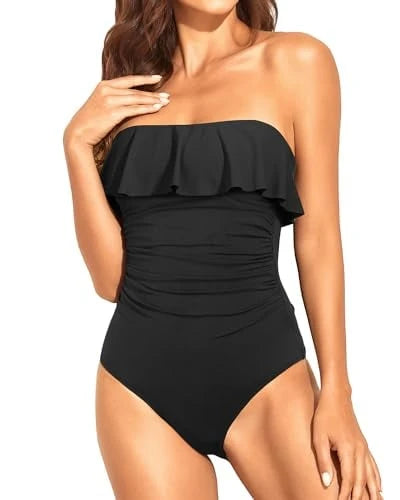 Strapless One-Piece Bikini For Women Tummy Control Bandeau Swimsuits Ruffle Slimming Swimwear
