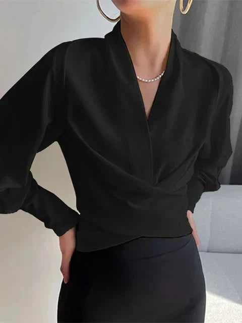 Satin blouse with V-neck and puff sleeves for women