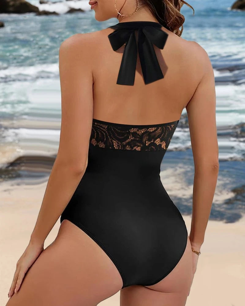 Swimsuit with halterneck and lace pleats