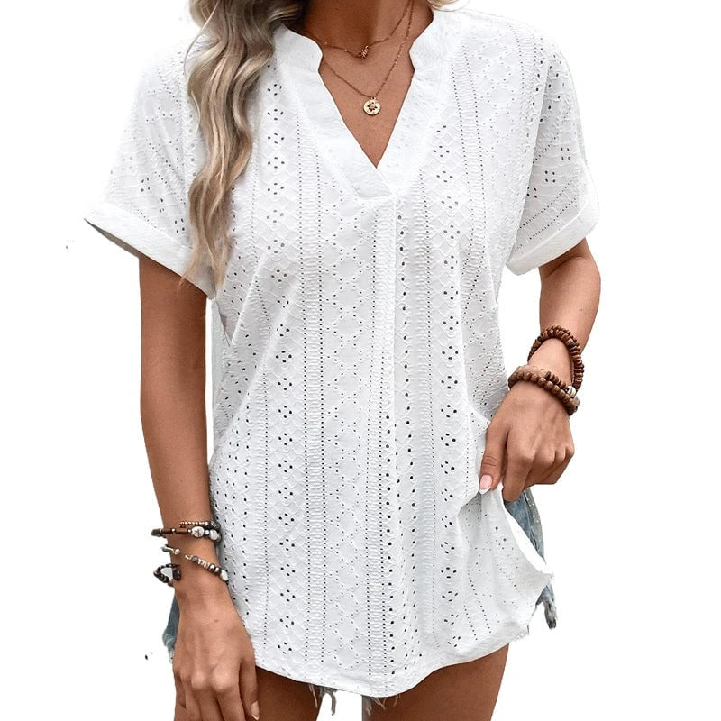 Women's top with elegant lace embroidery and modern V-neck