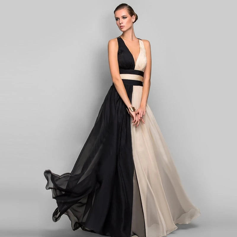 Women's Elegant Maxi Dress with Asymmetrical Design and Deep V Neck