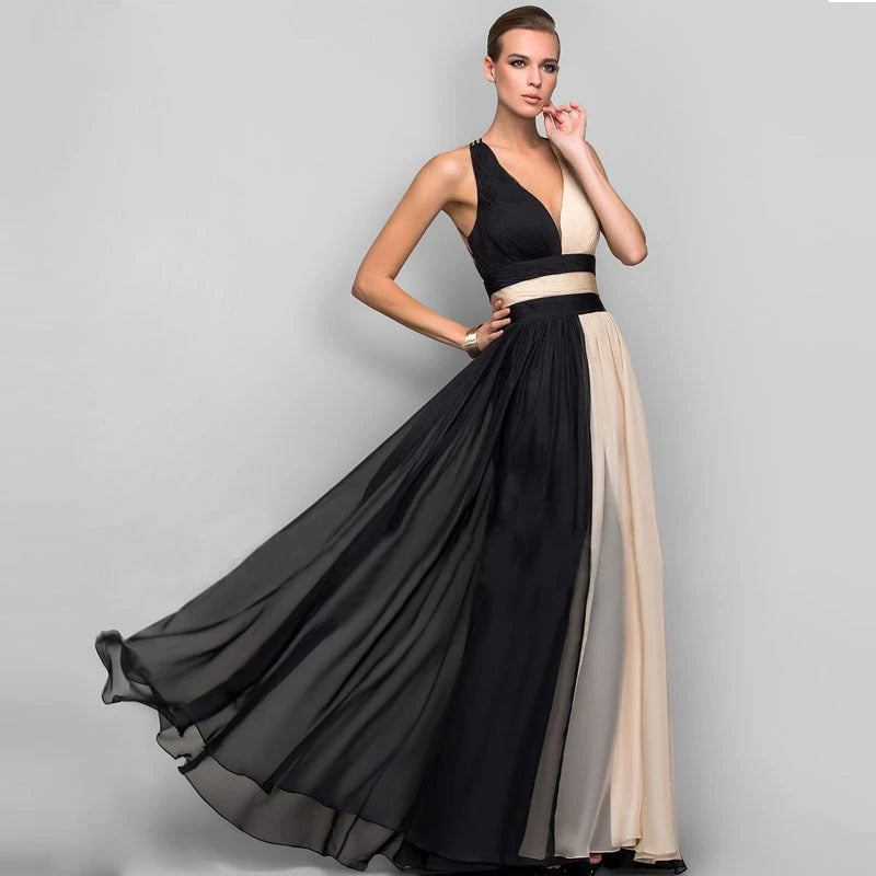 Women's Elegant Maxi Dress with Asymmetrical Design and Deep V Neck