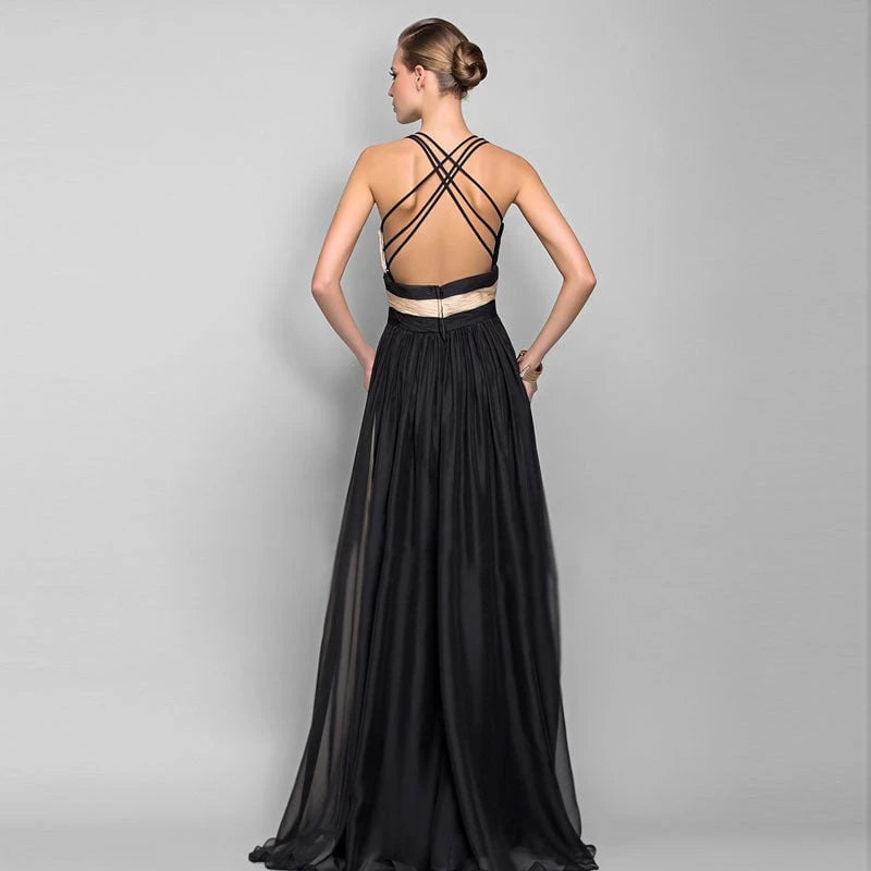 Women's Elegant Maxi Dress with Asymmetrical Design and Deep V Neck