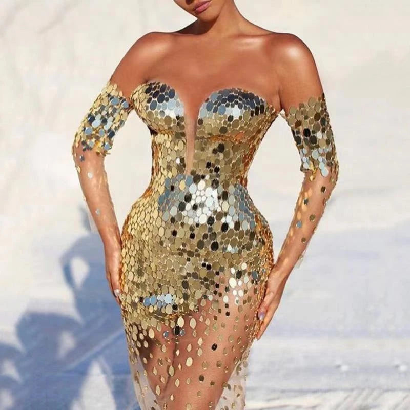 Women's Glamorous Party Dress with Sequins and Deep Neckline