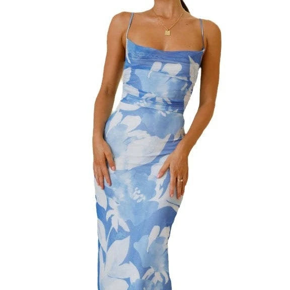 Women's sleeveless maxi dress with floral print and elastic corset waist