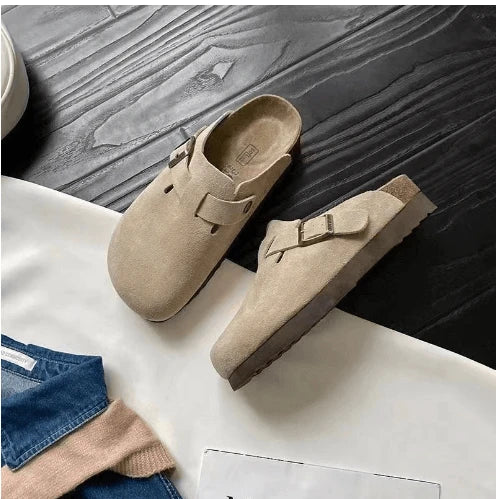 Suede Slip-On Clogs with Adjustable Buckle
