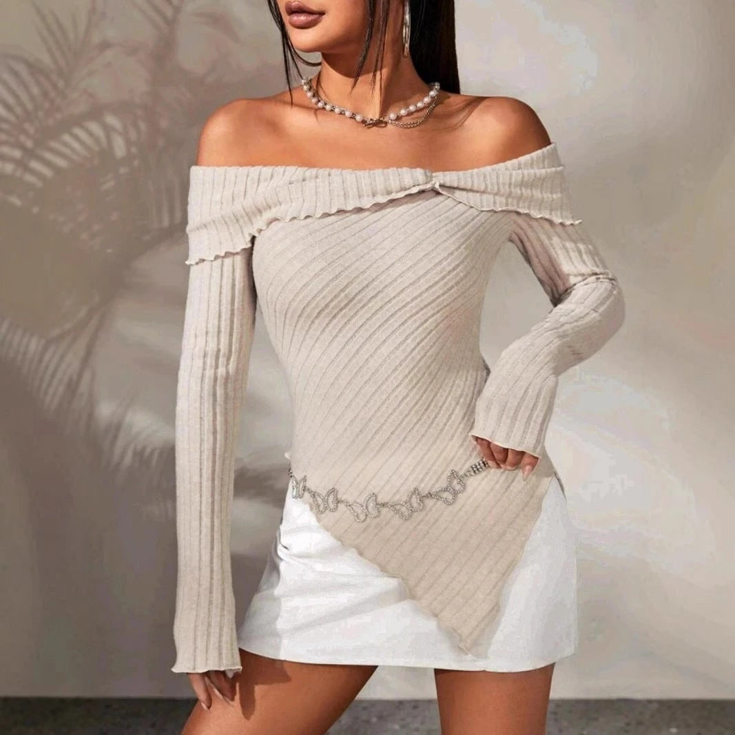 Women off-the-shoulder top made of ribbed knit with asymmetric hem and decorative details