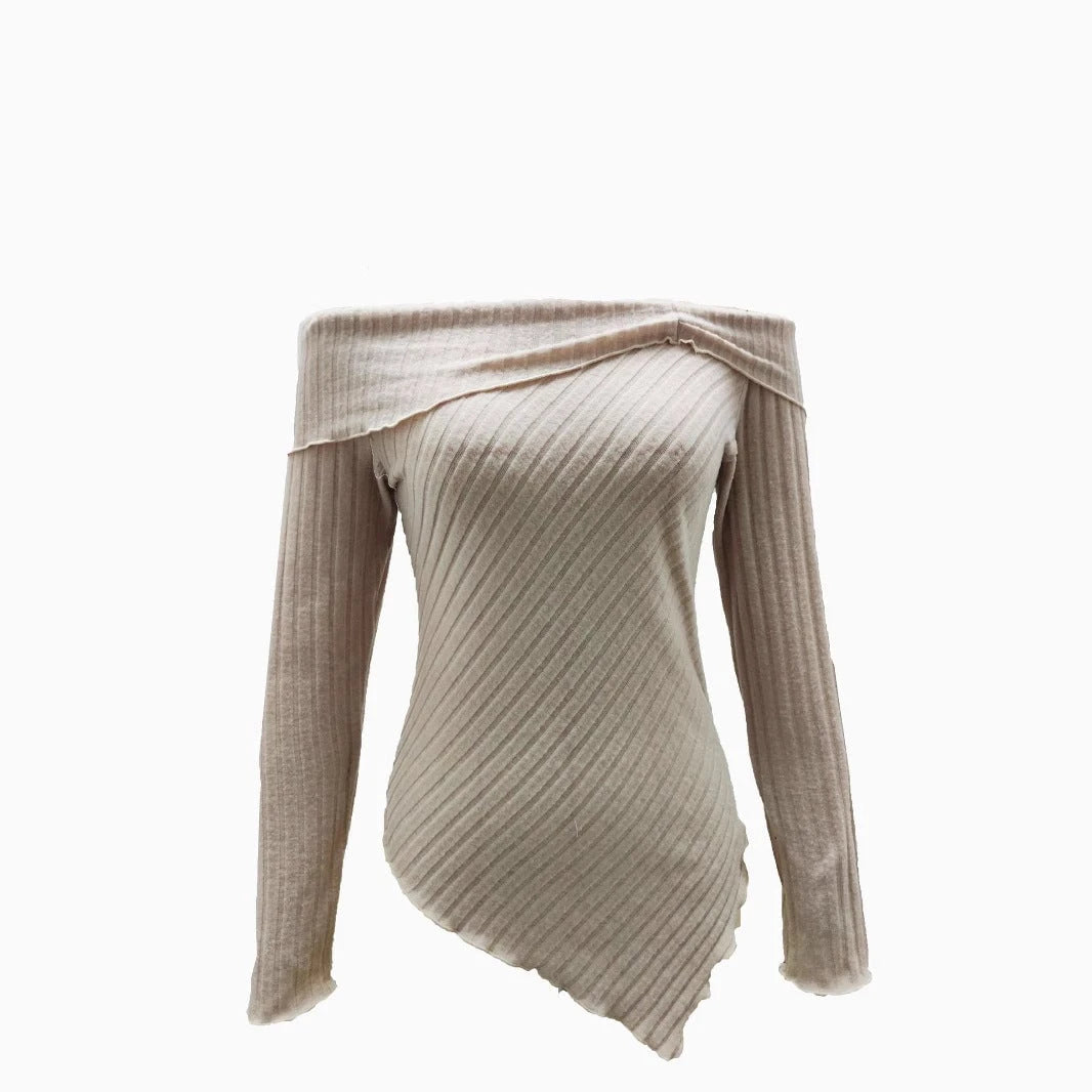 Women off-the-shoulder top made of ribbed knit with asymmetric hem and decorative details