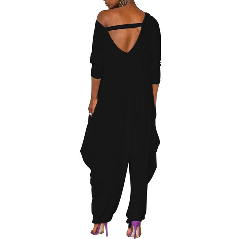 Women's Oversized Jumpsuit with Deep V-Neck and Casual Fit
