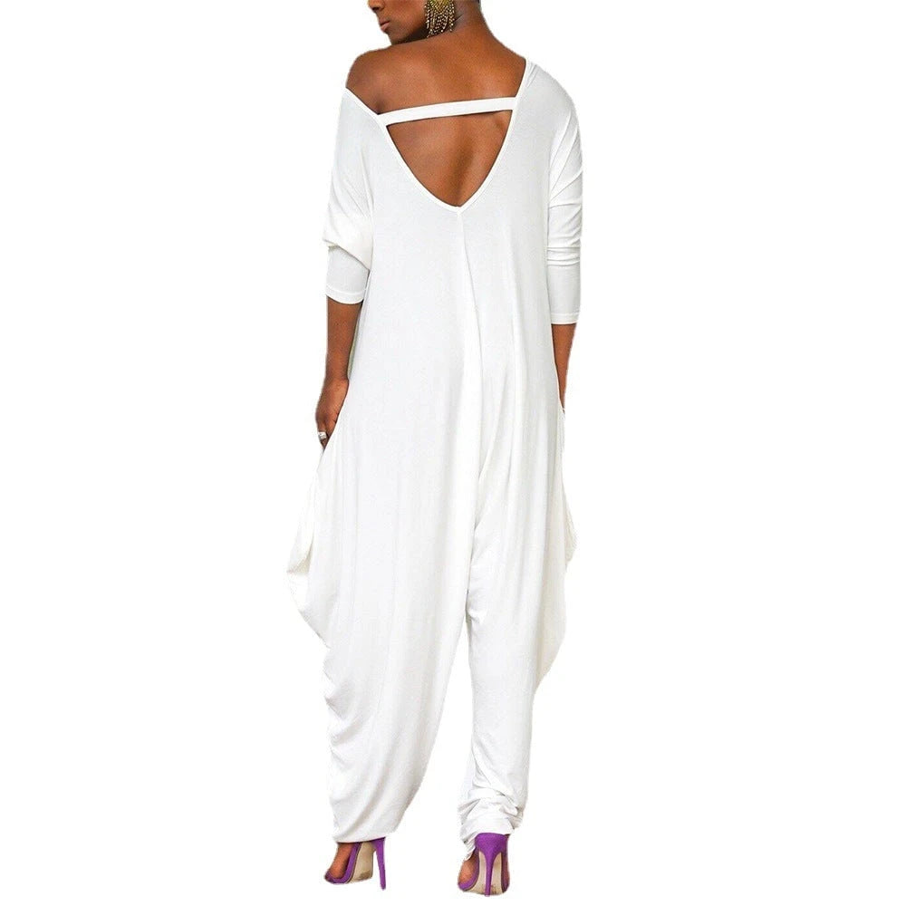Women's Oversized Jumpsuit with Deep V-Neck and Casual Fit