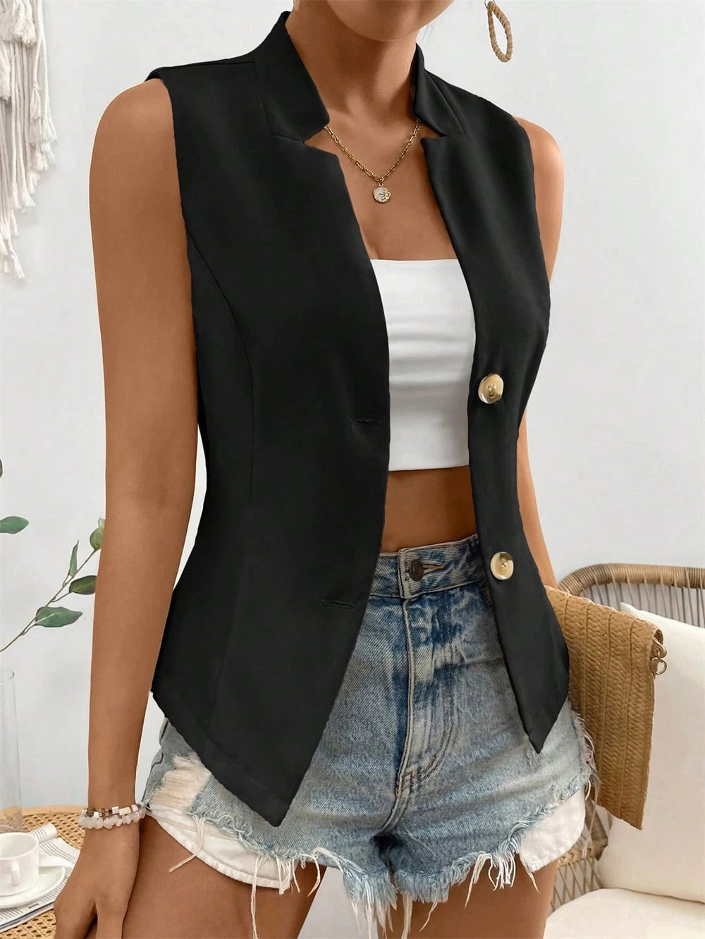 Sleeveless Blazer Top With Buttons For Women