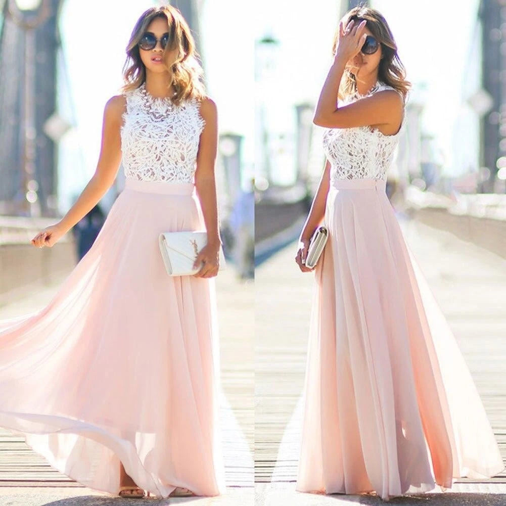 Sleeveless dress Elegant lace top Flowing long skirt Festive clothing