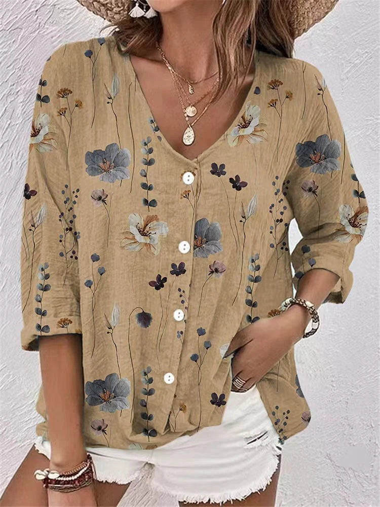 Women's blouse with floral print and modern button design
