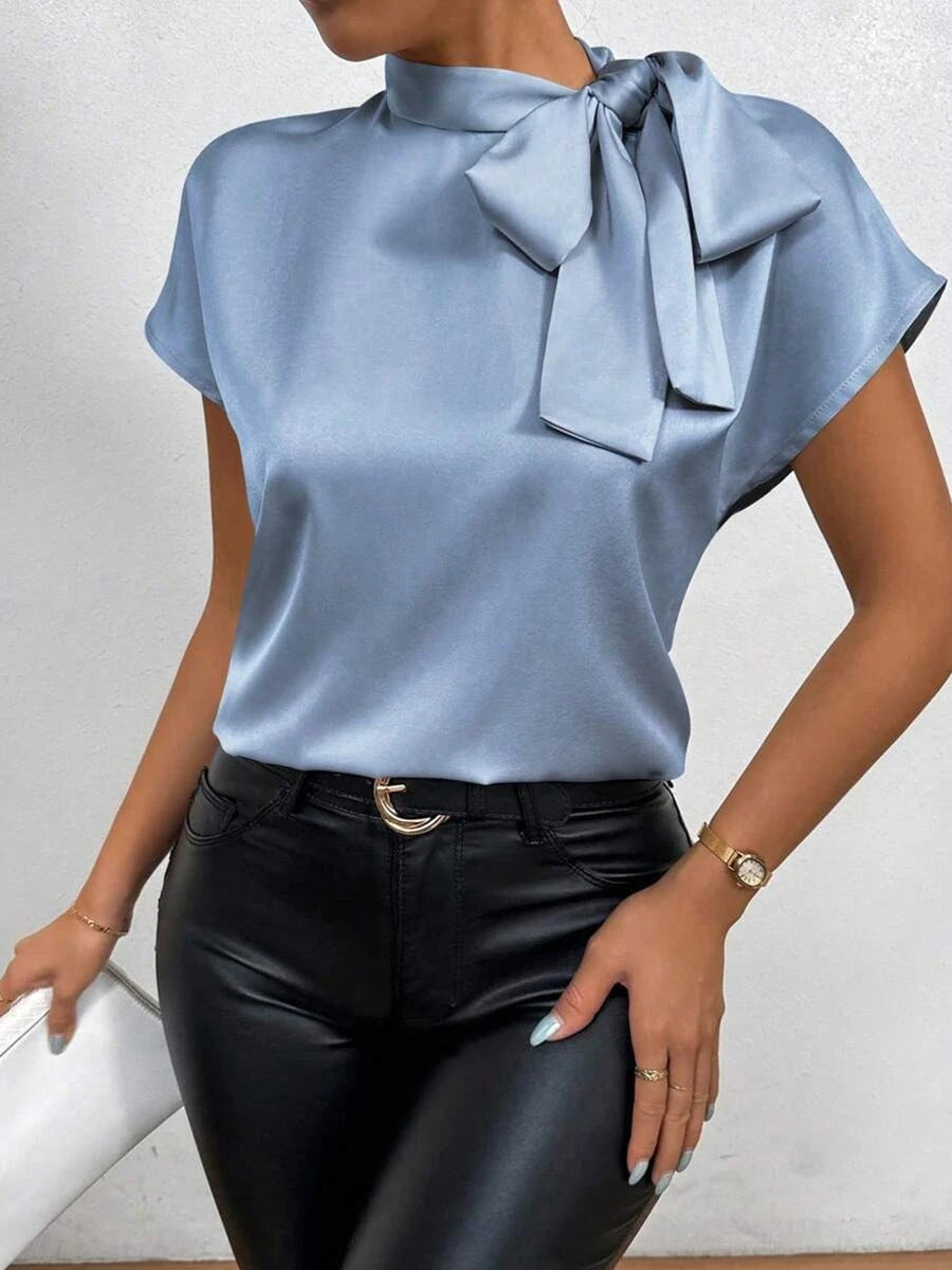 Satin Blouse Short Sleeve High Collar With Bow Elegant Relaxed Fit