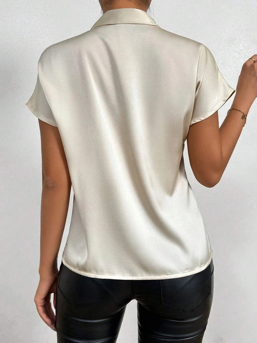 Satin Blouse Short Sleeve High Collar With Bow Elegant Relaxed Fit