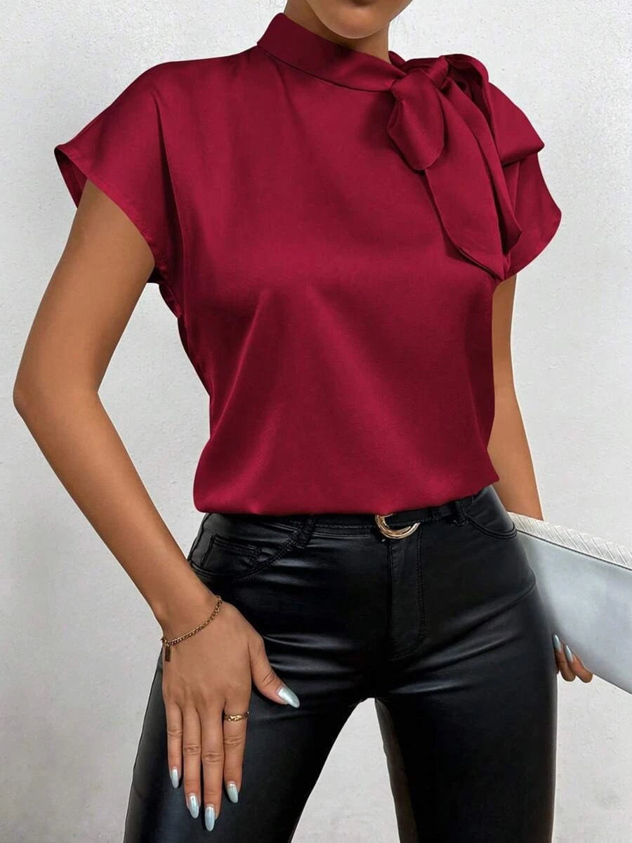 Satin Blouse Short Sleeve High Collar With Bow Elegant Relaxed Fit