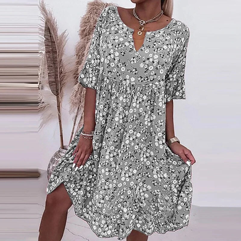 Dress With Floral Pattern And O-Neck