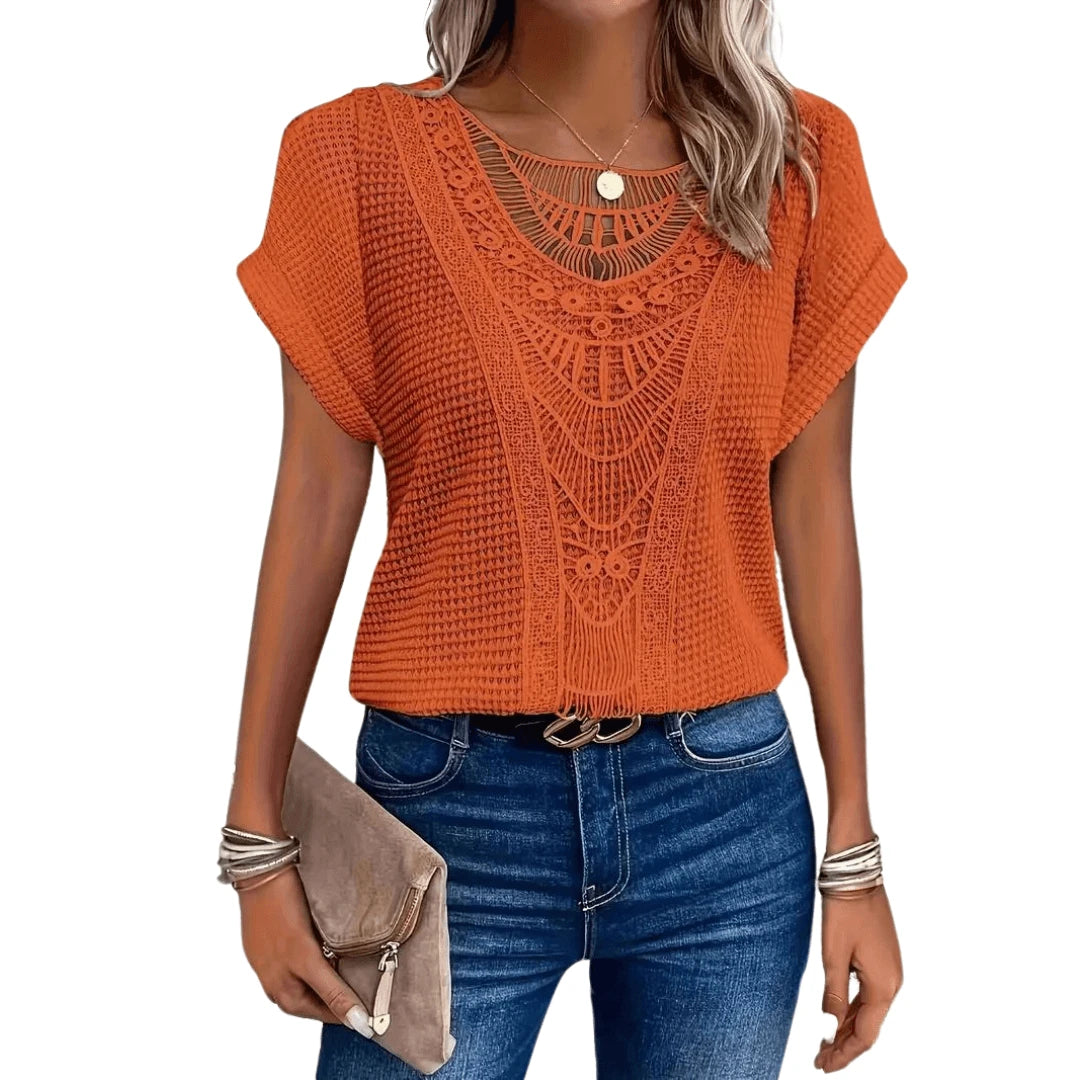 Short-Sleeved Topcasuallace With Round Neck