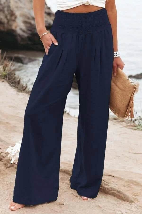 Casual Comfort: Wide Pants Made Of Cotton-Linen With A High Waistflowing Beach Pants With Smocked Waistband