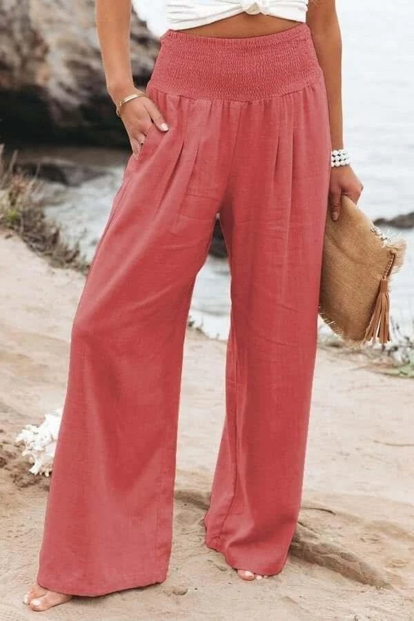 Casual Comfort: Wide Pants Made Of Cotton-Linen With A High Waistflowing Beach Pants With Smocked Waistband