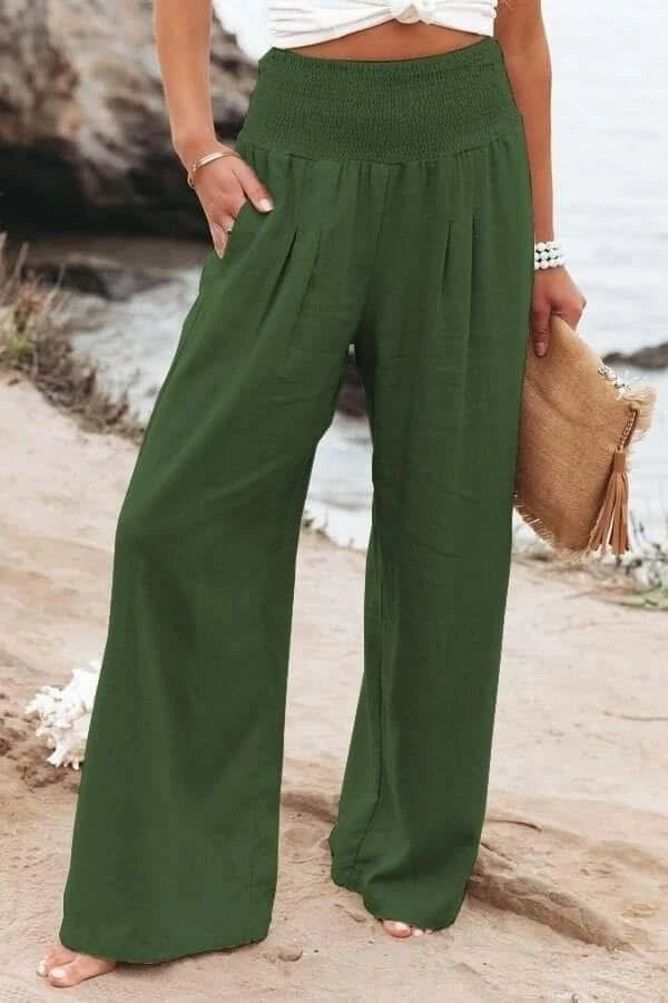 Casual Comfort: Wide Pants Made Of Cotton-Linen With A High Waistflowing Beach Pants With Smocked Waistband