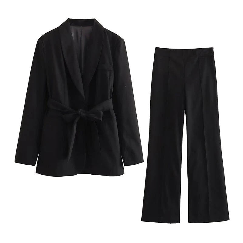 2-Piece Women's Suitelegant Blazer With Belt And Matching Trousers