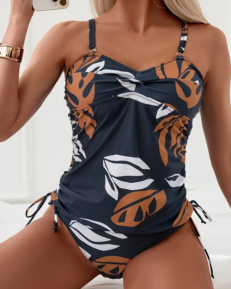 Swimsuit With Pleats And Leaf Print