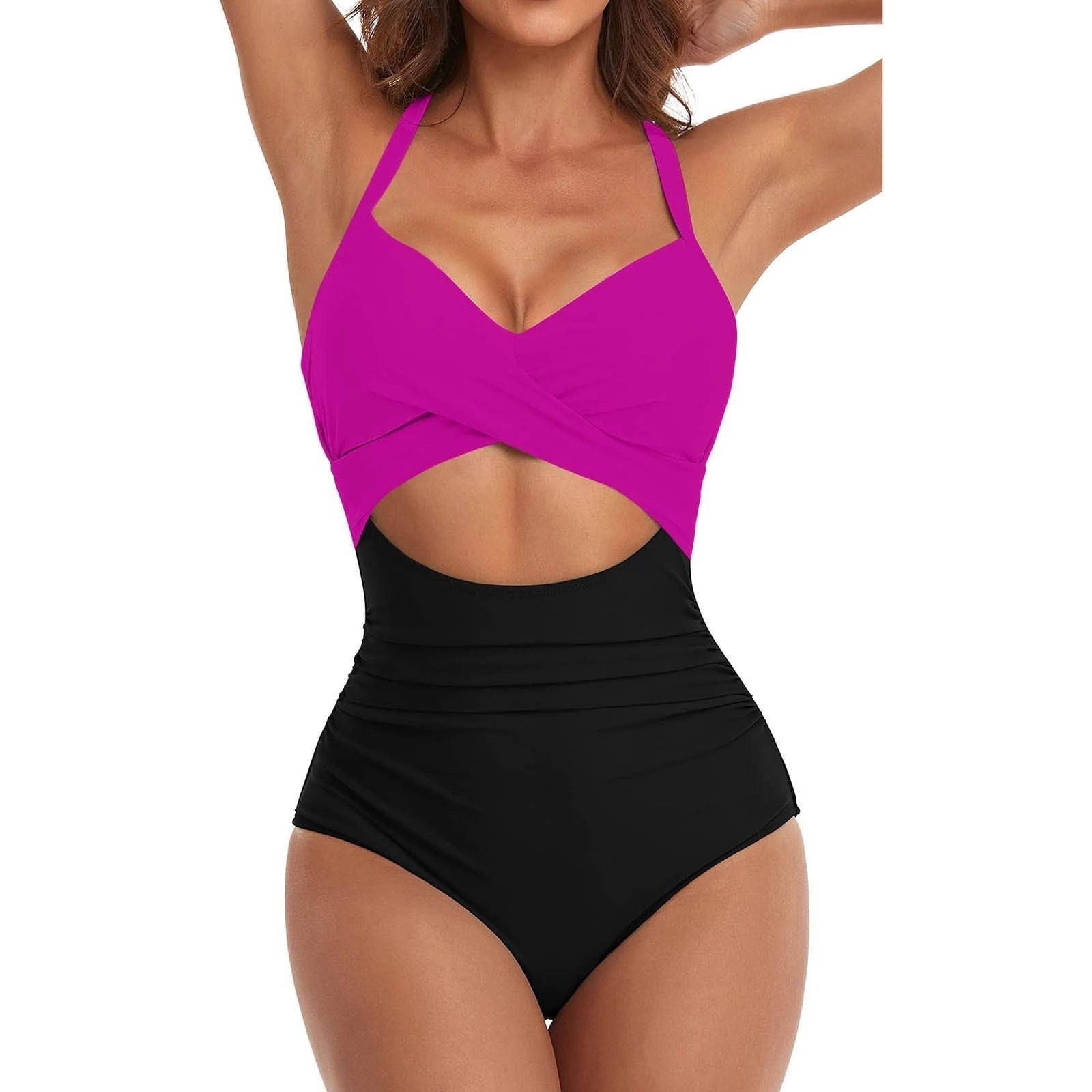 Hollow Cross Neckholder Padded Contrast Swimsuit