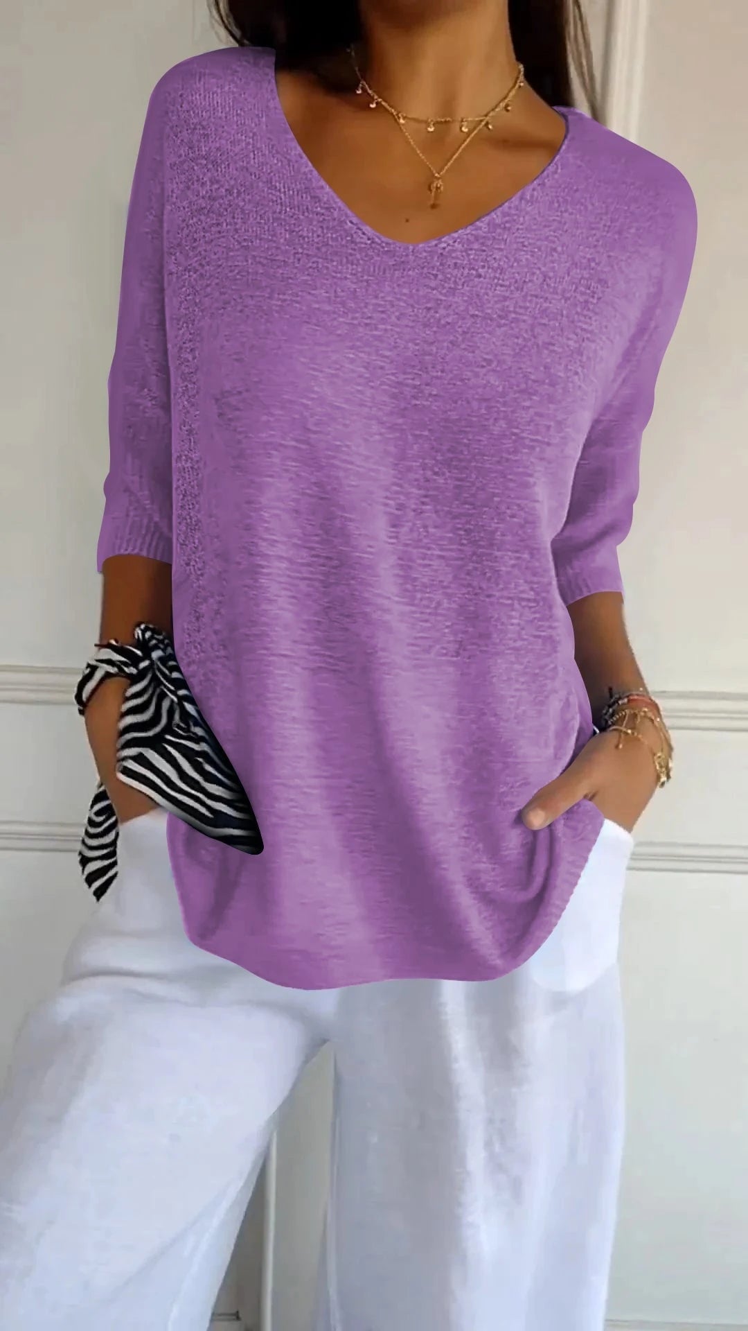 Alexiasolid Knit Top With V-Neck