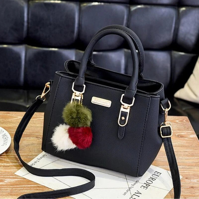 Ladies' Bagleather Handbag With 3 Soft Plush Balls
