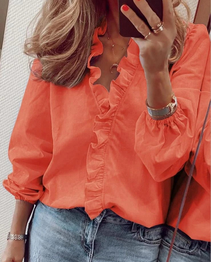 Blouse With Ruffles And V-Neck