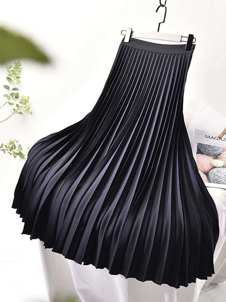 Brand Designer Women's Elegant Chic Solid Pleated Skirt High Waist Luxury Fashion