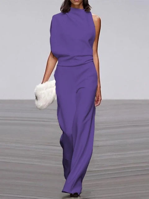 Women's Jumpsuit With Round Neckline, Sleeveless And Wide Leg