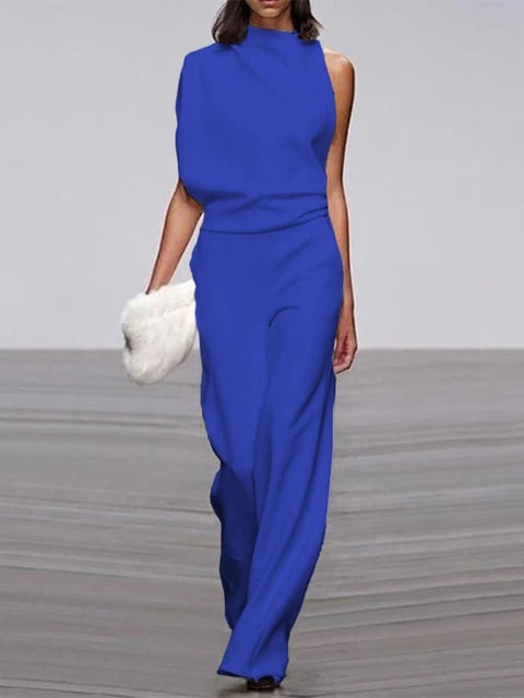 Women's Jumpsuit With Round Neckline, Sleeveless And Wide Leg